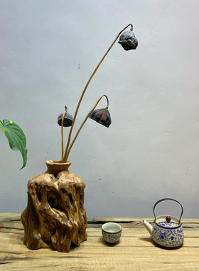 实木手工侘寂复古花瓶鲜花插花装饰品摆件客厅餐桌玄关日式高级