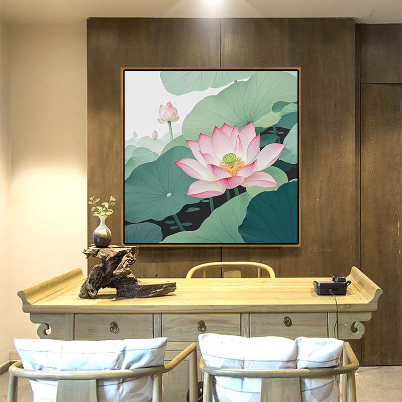 荷花装饰画正方形中式卧室挂画客厅餐厅书房莲花鲤鱼图卫生间壁画图片