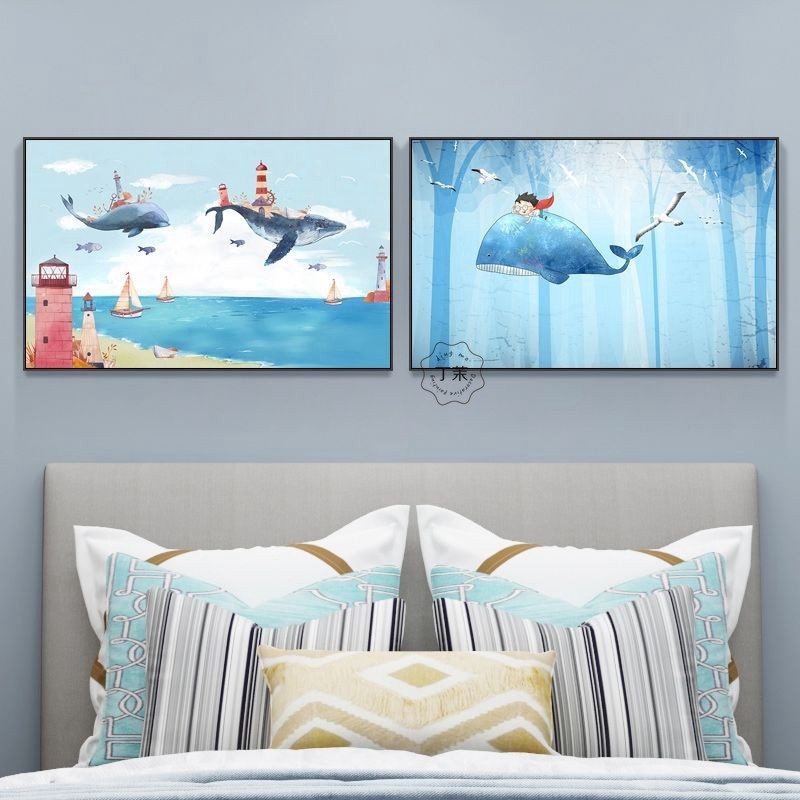 儿童房装饰画卧室可爱卡通鲸鱼梦幻床头房间童趣墙画挂画小清新