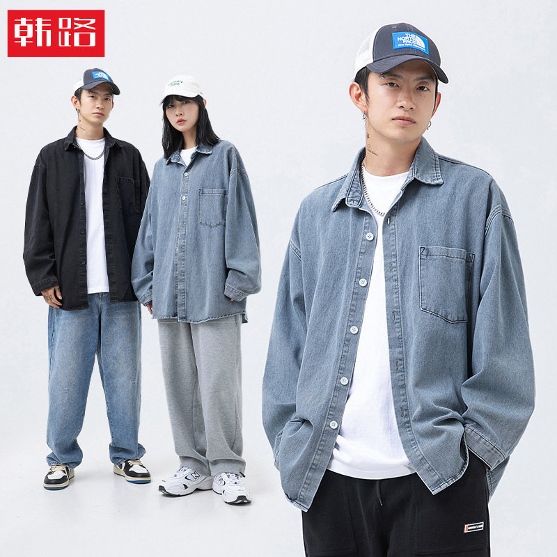 韩路日系男装 春款牛仔长袖衬衫衬衫
