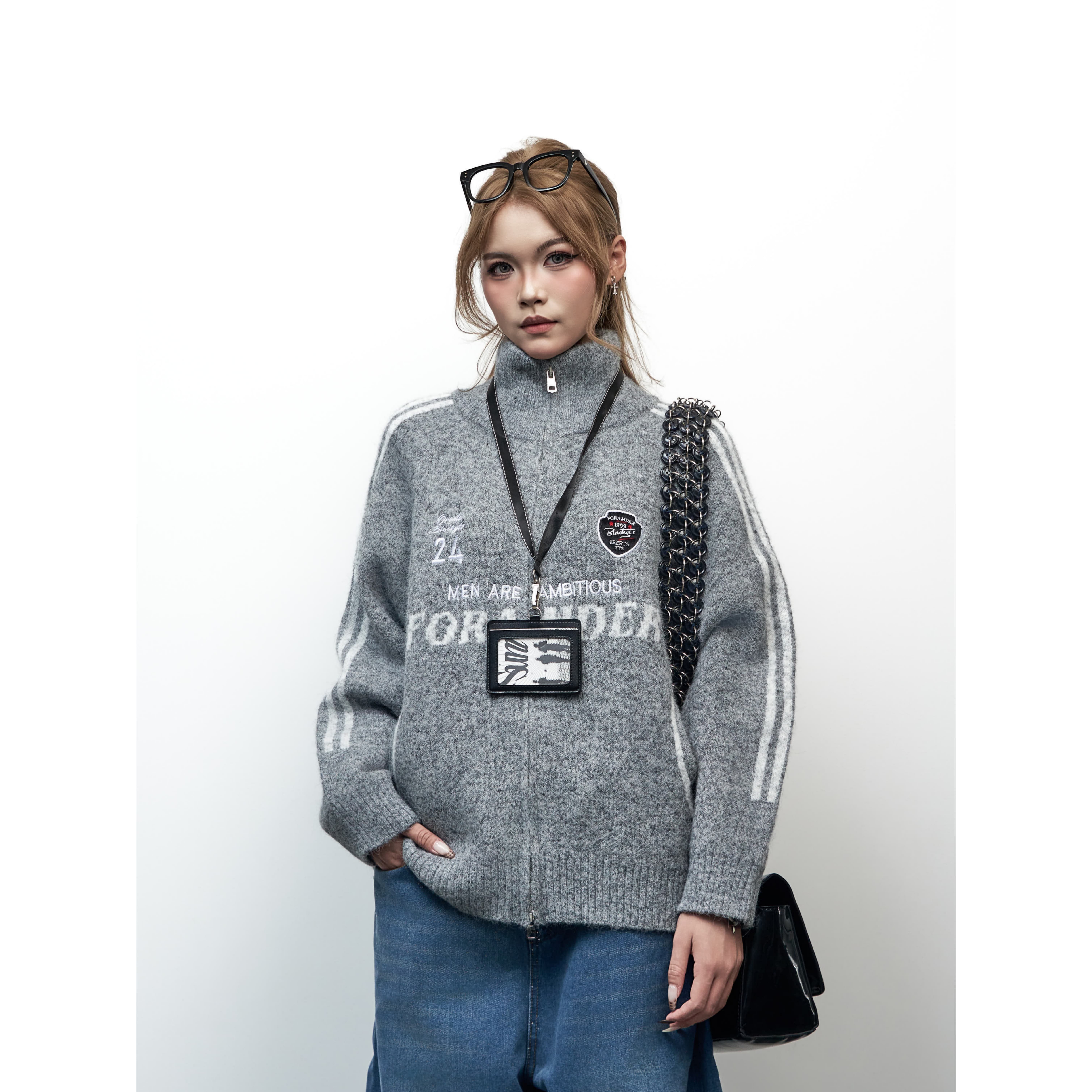 美式复古高领拉链宽松针织开衫