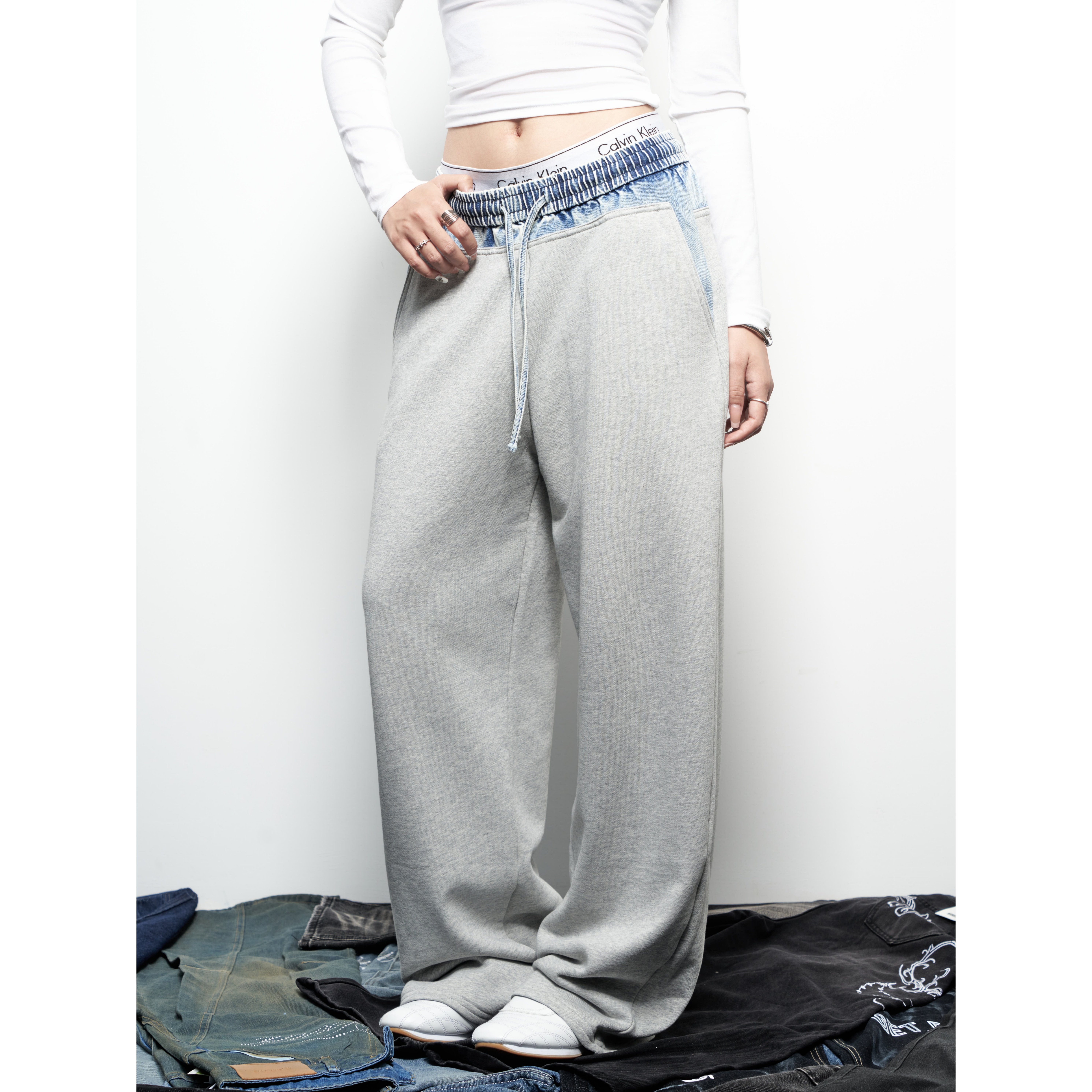 SAIMT美式复古拼接牛仔卫裤男女小众设计感高级灰色长裤情侣,女装/女士精品,卫裤,淘宝优惠券,粉丝福利购,淘宝优惠卷