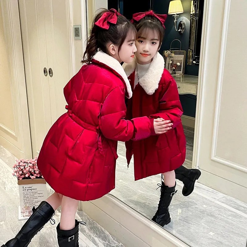 女童羽绒棉服冬季新款洋气公主风中长款棉袄中大童红色棉衣拜年服