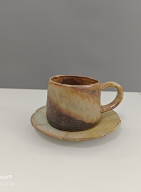 景德镇 复古粗陶手工咖啡杯高颜值马克杯陶瓷杯子水杯配碟子
