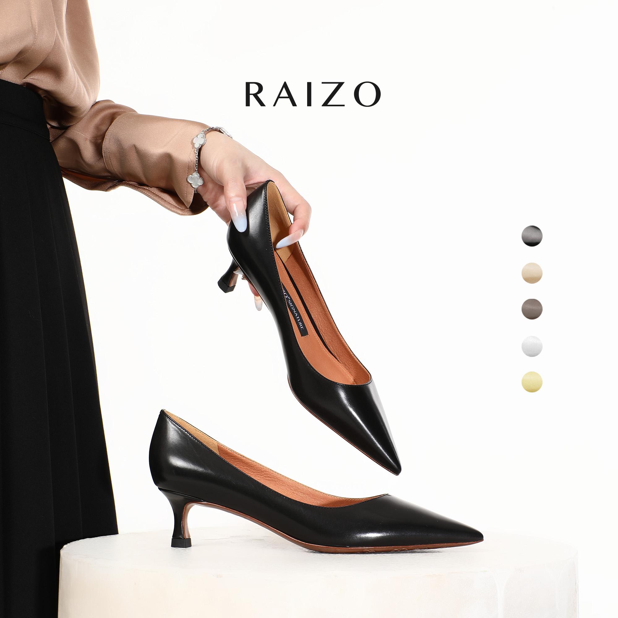 RAIZO高级感胎牛皮真皮高跟鞋女低跟尖头手工舒适真皮底不累脚秋