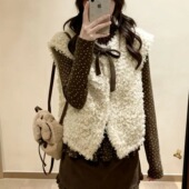 韩系甜美秋冬新款 女 波点打底衫 蝴蝶结撞色毛绒绒马甲外套两件套装