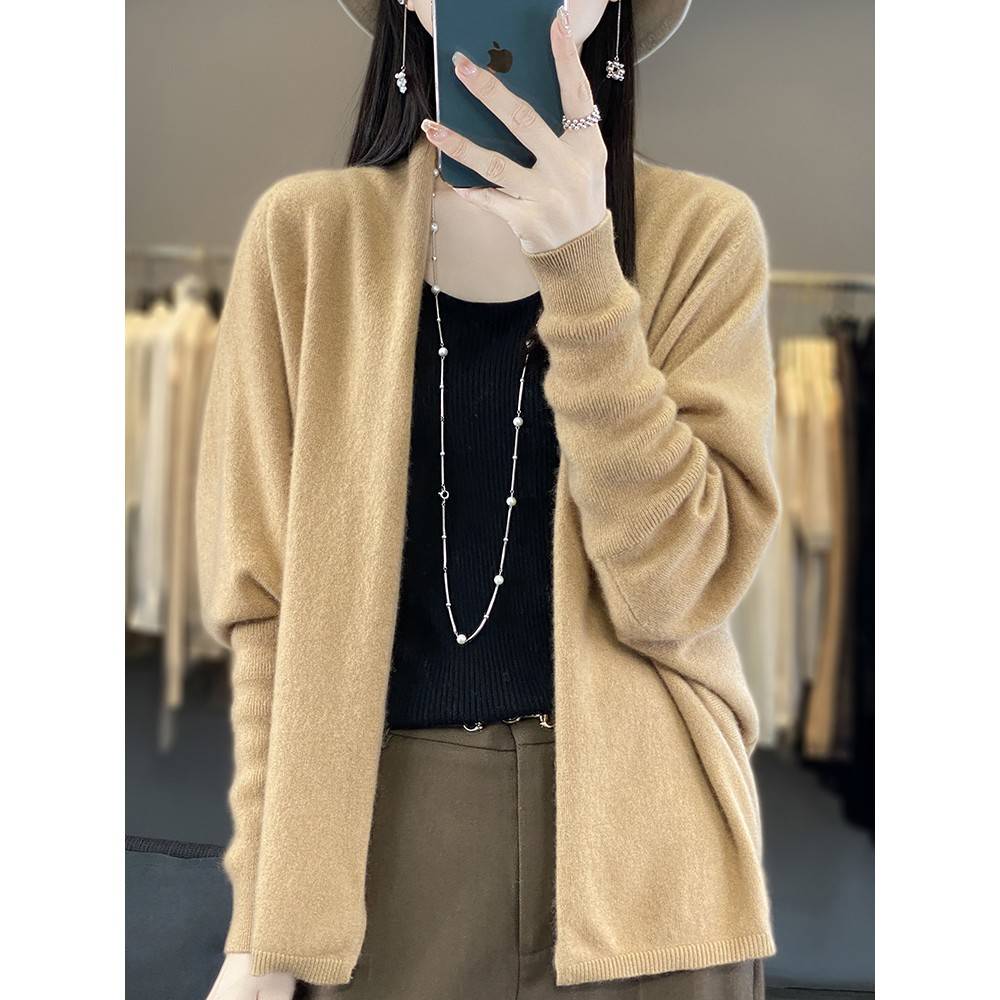 春装羊新款蝠蝙WWQ袖毛披肩外套女士衫纯色外穿毛衣宽松羊绒开上