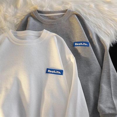 新款韩版宽松百搭圆领华夫格t恤女装内搭打底衫学生长袖卫衣女潮