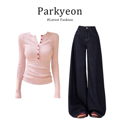 MARIECOCO美式辣妹风慵懒感粉色针织毛衣阔腿宽松牛仔裤秋冬套装