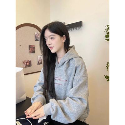 初秋松弛感!美式复古灰色连帽长袖卫衣女秋季新款小个子宽松上衣