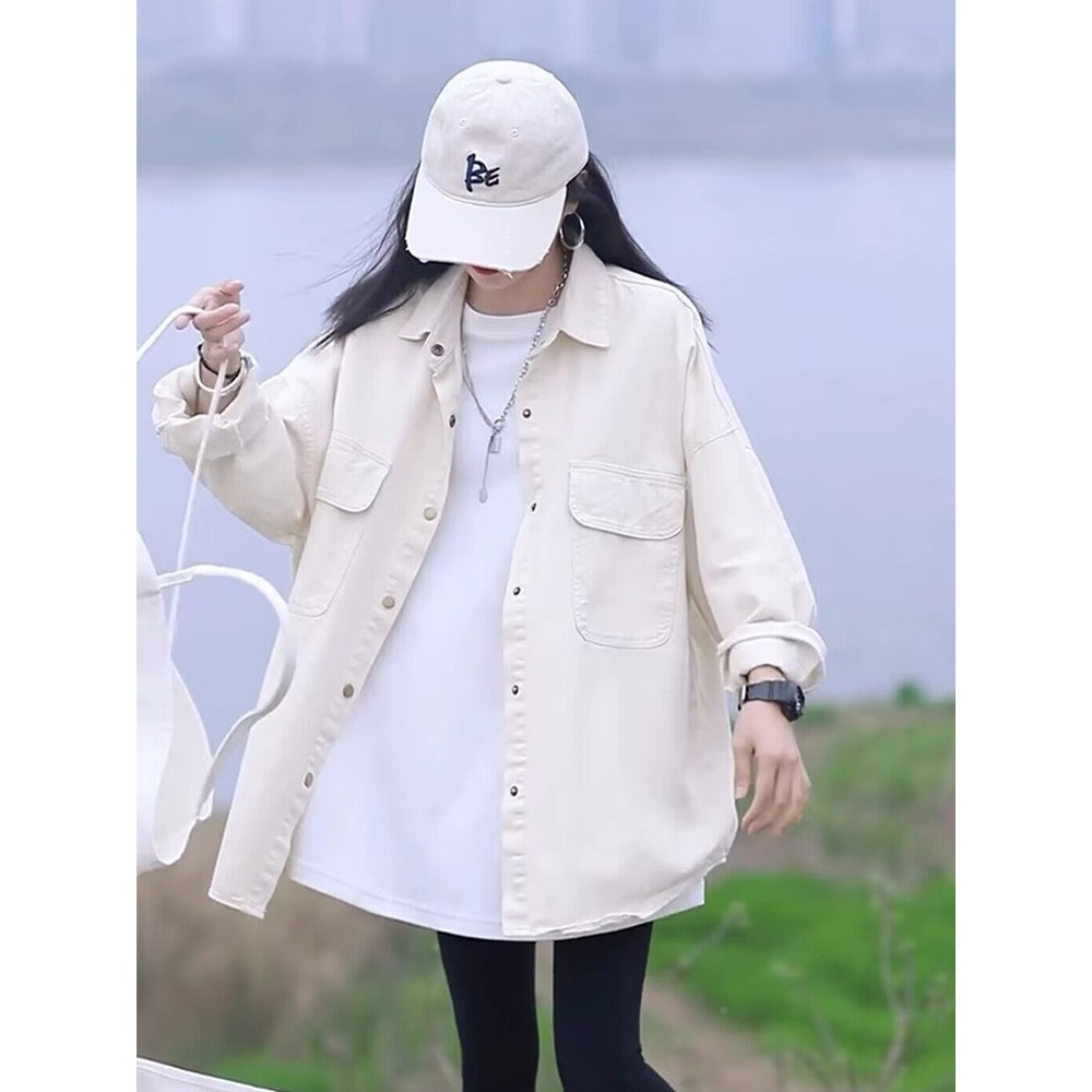 米白色牛仔衬外套女202衫4秋SS101807冬新款pol长o领衬衣松开衫宽