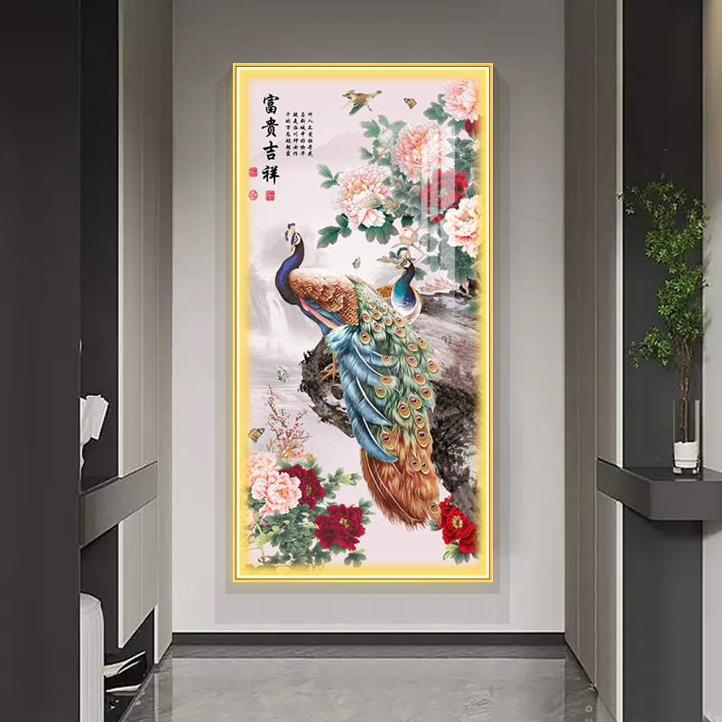 孔雀玄关装饰画入户门牡丹花挂画带led灯画走廊过道客厅壁画现代图片