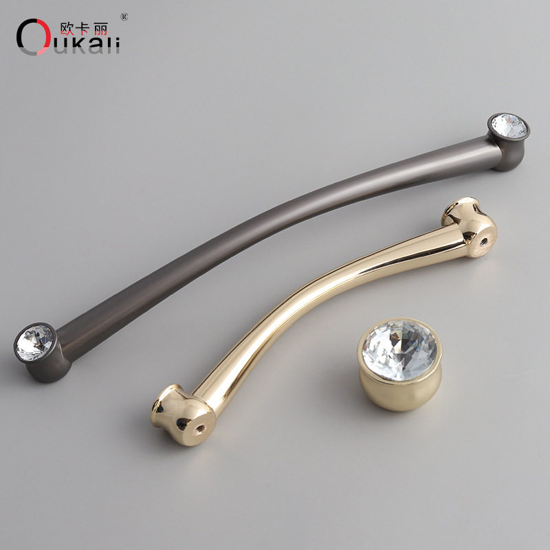 欧卡丽水晶玻璃钻金色亮光铬锌合金橱柜衣柜柜门抽屉家具五金拉手
