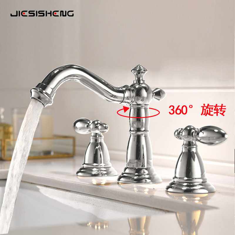 法式复古三孔水龙头浴室柜洗脸盆黄铜分体式双把手冷热防溅水龙头