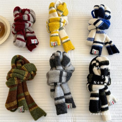 名牌新款韩系小众羊毛双绳法棍 秋冬复古条纹围巾氛围感Y2K叠戴小