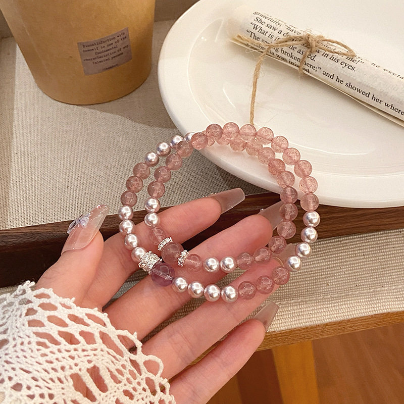 欧式时尚流行设计感草莓晶贝珠双圈手链甜美清新仙女风桃花粉少女