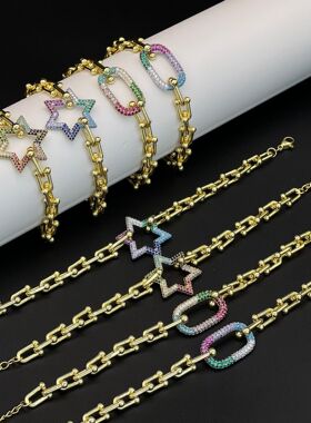 欧美跨境T家马蹄扣手链粗U形竹节微镶锆石轻奢个性星星几何