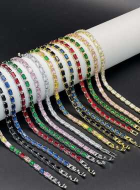 跨境欧美嘻哈4*6mm锆石网球链彩色手链亚马逊热卖时尚批发四边形