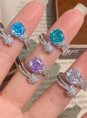 直播爆款超闪八角千禧玫瑰切海蓝宝气质戒指女伊巴绿豪镶高碳钻戒