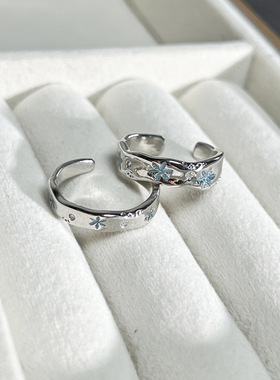 小众设计蓝色雪花个性滴釉情侣对戒ins冷淡风简约百搭时尚戒指潮