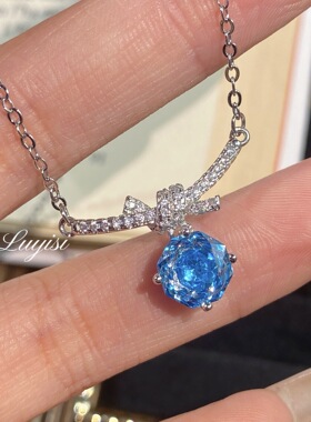 小红书爆款超闪八角千禧玫瑰切海蓝宝项链女伊巴绿豪镶高碳锁骨链