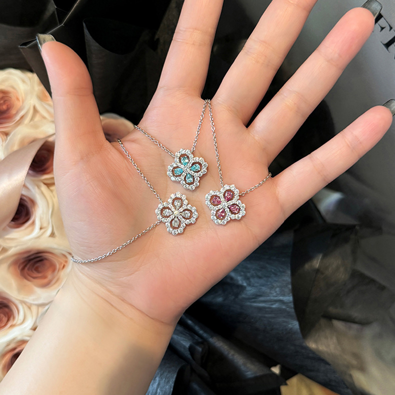 高级感满钻Loop四叶草耳钉女花形海蓝宝粉钻白钻花朵耳饰项链