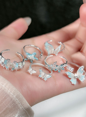 新款银白奶油风冰川蓝色渐变珐琅蝴蝶开口戒指女花朵甜酷精致指环