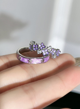 戒指女新款甜酷紫色滴釉花朵时尚轻奢指环高级感小众设计感食指戒