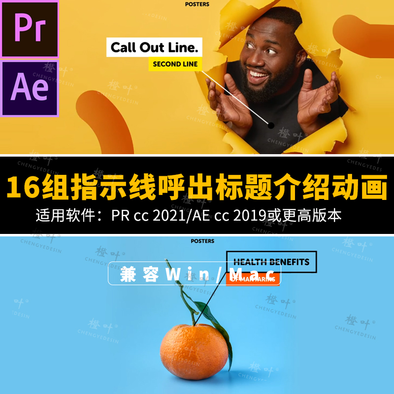 AE/PR模板-16组时尚宣传海报指示线呼出文字标题介绍动画效果