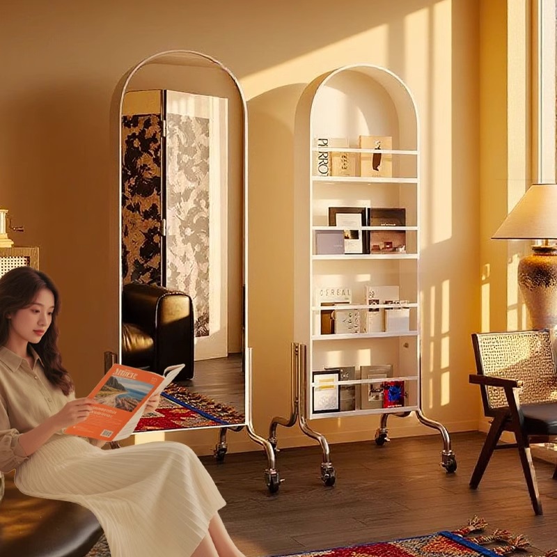 中古风实木全身镜家用落地镜可旋转移动穿衣镜卧室杂志架储物镜子