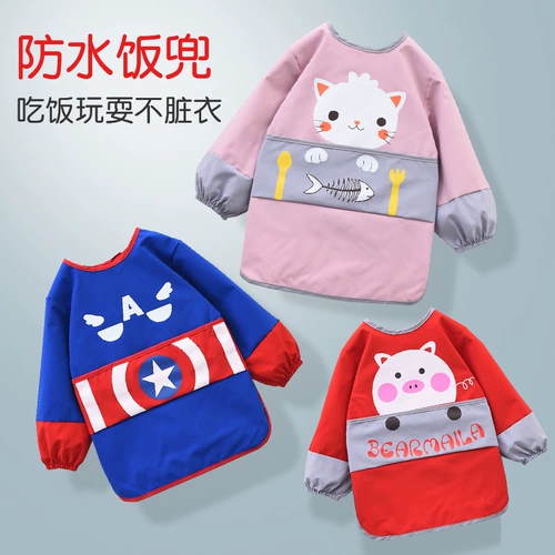 Детский водонепроницаемый длинный слюнявчик для мальчиков, демисезонное термобелье, лонгслив, нагрудник, анти-грязь, с карманом, сзади на завязках