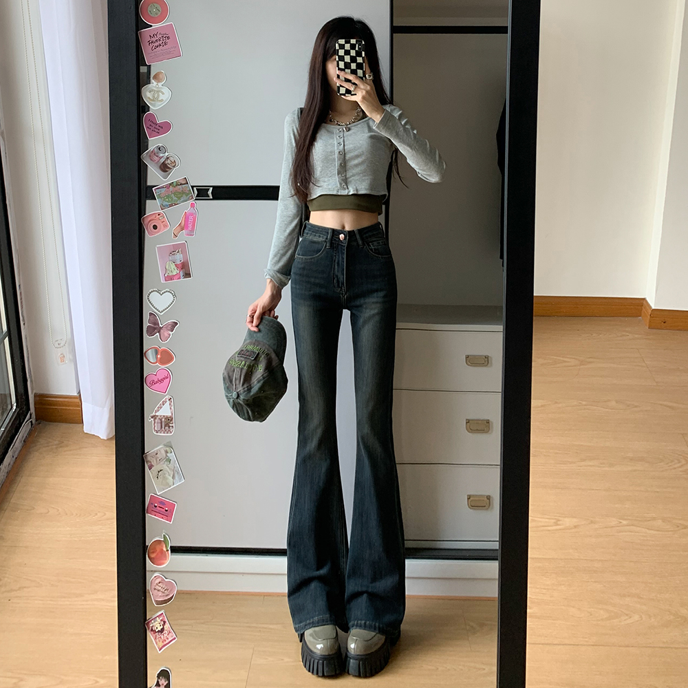 水泥灰微喇牛仔裤显瘦马蹄裤