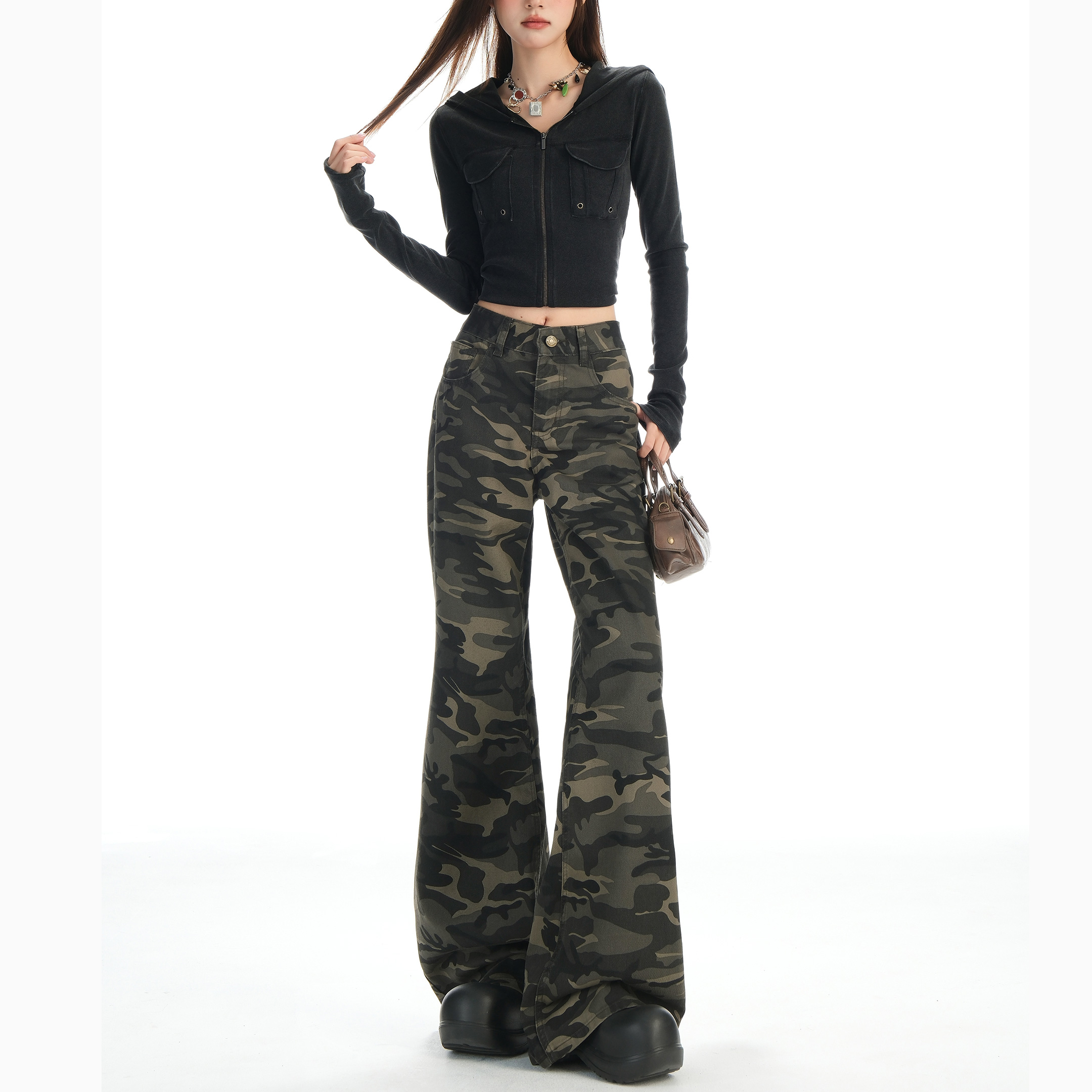 牛仔裤女2025秋季新款迷彩喇叭裤