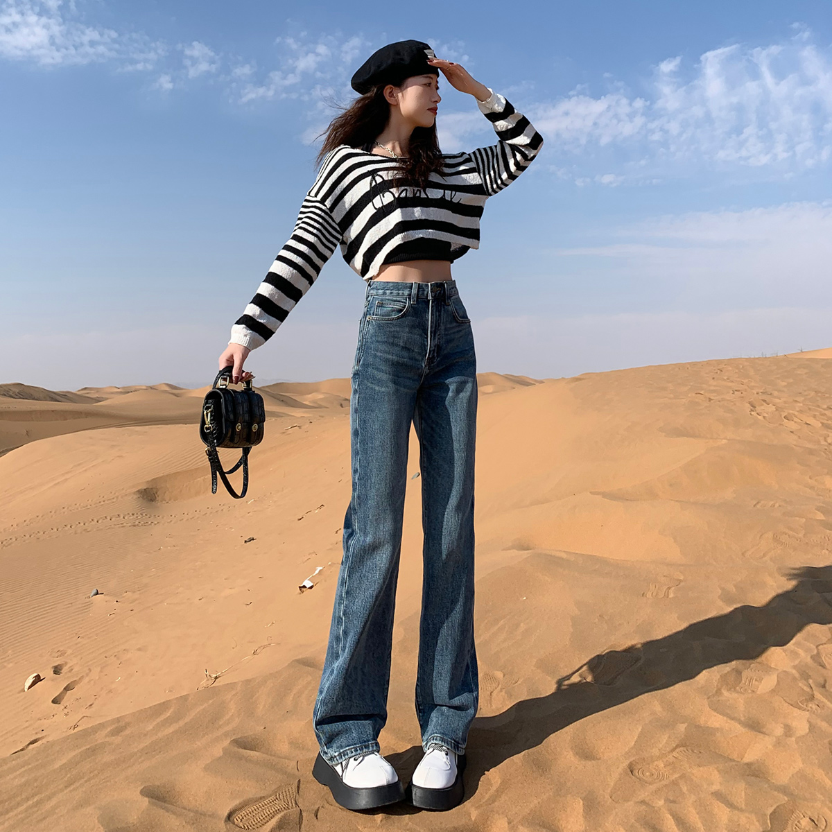 微喇牛仔裤女春秋长裤显瘦高腰