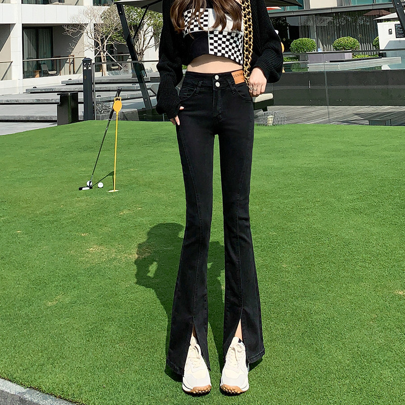 高腰开叉牛仔裤女春秋2025年新款微喇百搭显瘦紧身弹力拖地喇叭裤
