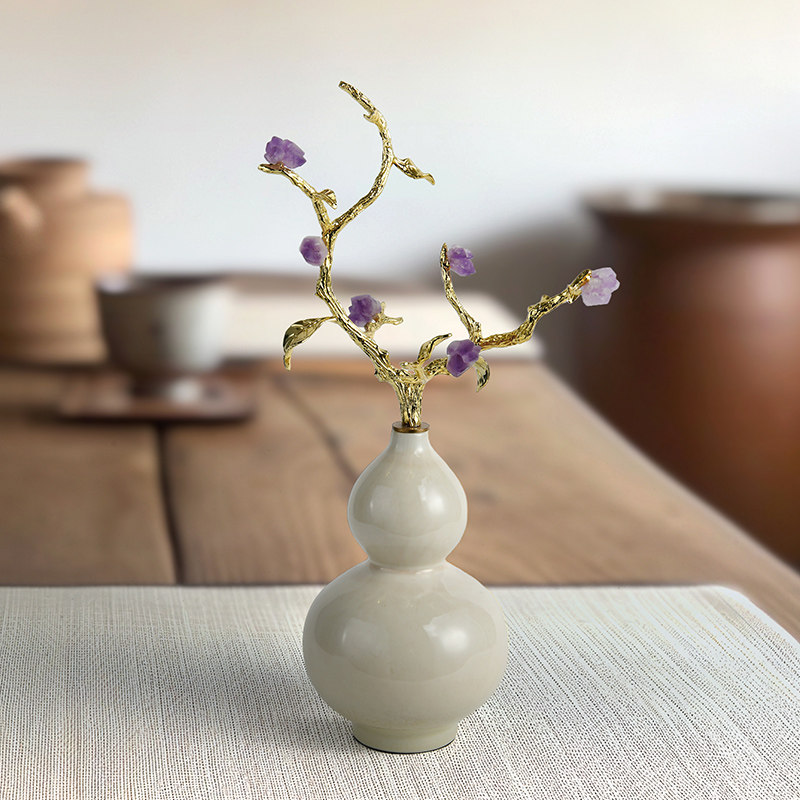 葫芦摆件客厅玄关电视柜家居珐琅彩紫晶树摆设陶瓷葫芦装饰品花瓶