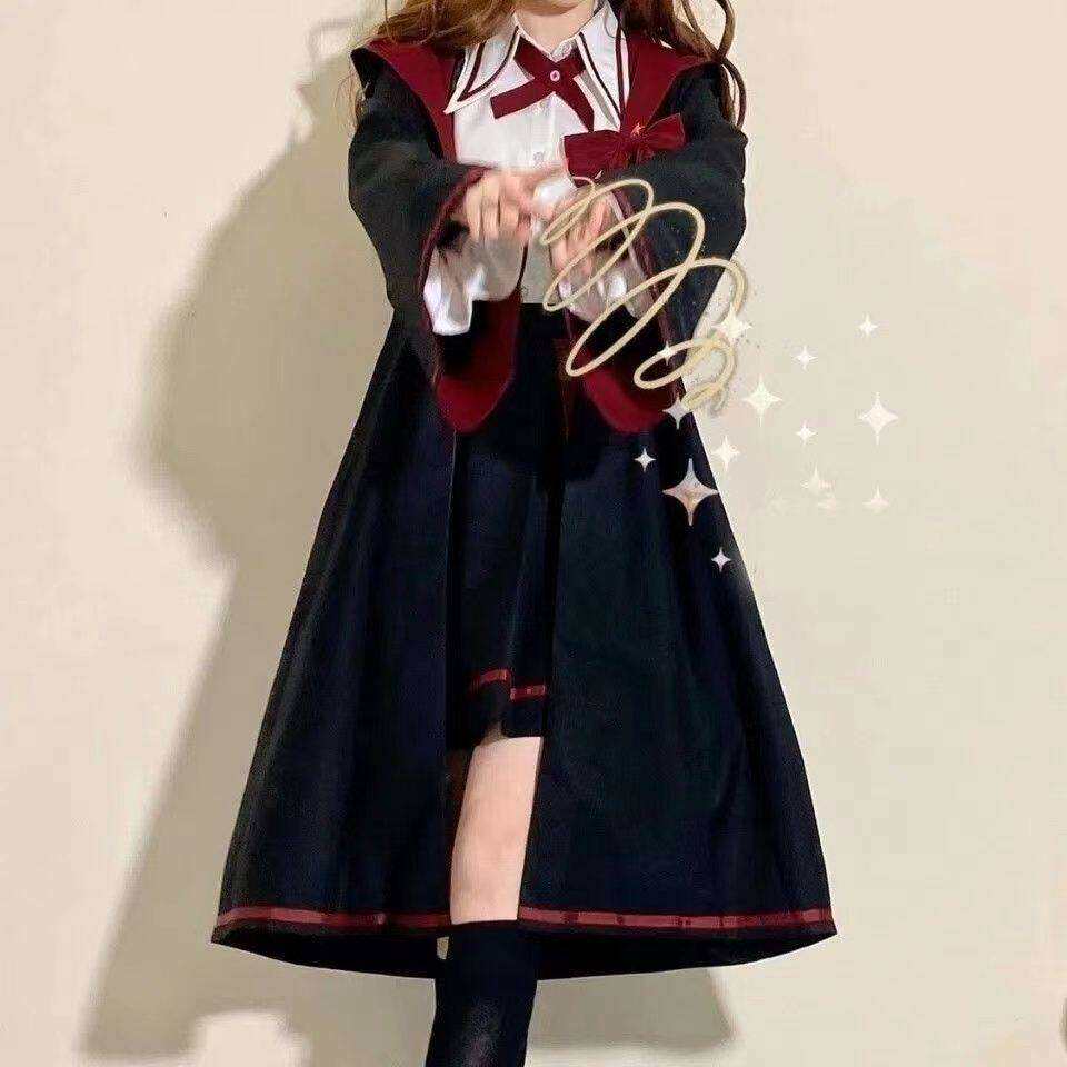 开学套装女学生韩版宽松日系可爱魔法斗篷+长袖衬衫+半身裙三件套