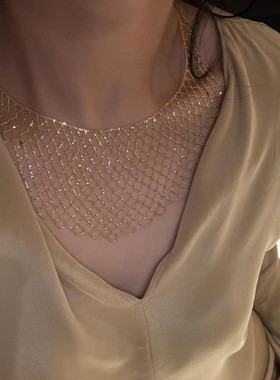 编织网纹蕾丝花边宽项链欧美时髦女镀1宴会配饰礼物