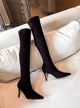 2025秋冬新款现货过膝长筒靴不掉筒黑色绒面显瘦尖头细跟高筒女靴
