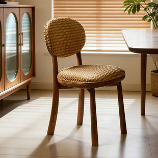 复古餐椅家用设计师老钱风布艺凳子餐厅实木中古风椅子 贝果椅法式