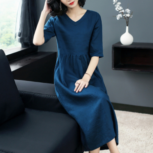 麻料裙子 休闲棉麻 旅行文艺范2025夏新款 亚麻连衣裙袍子V领中长款