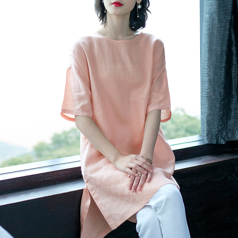 苎麻上衣棉麻女装旅行文艺亚麻衬衫女宽松中长款侧开叉长款麻料T