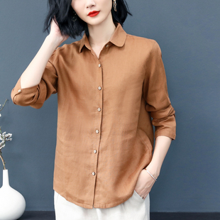 麻料条纹翻领衬衣长袖 新款 上衣 女士宽松文艺纯色春季 高端亚麻衬衫