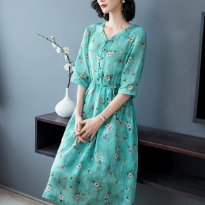 珂佐芙高端苎麻连衣裙女宽松大码V领碎花大摆长裙短袖抽绳大摆裙