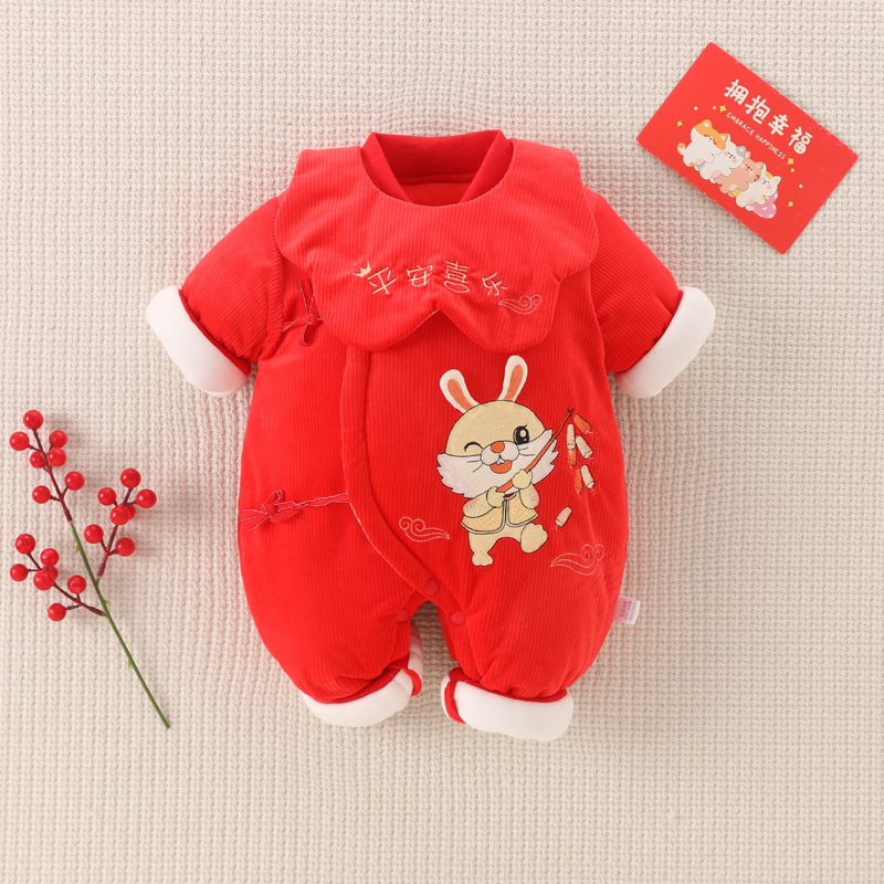 新生婴儿衣服秋冬季加厚连体衣男女宝宝拜年服大红色满月过年冬款
