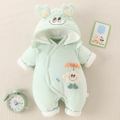 努米熊带帽斜襟按扣连体衣