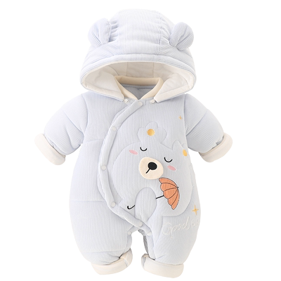 努米熊带帽斜襟按扣连体衣冬季