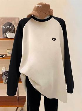 韩国新款插肩磨毛长袖t恤女中长款加厚过臀内搭打底衫上衣秋冬季