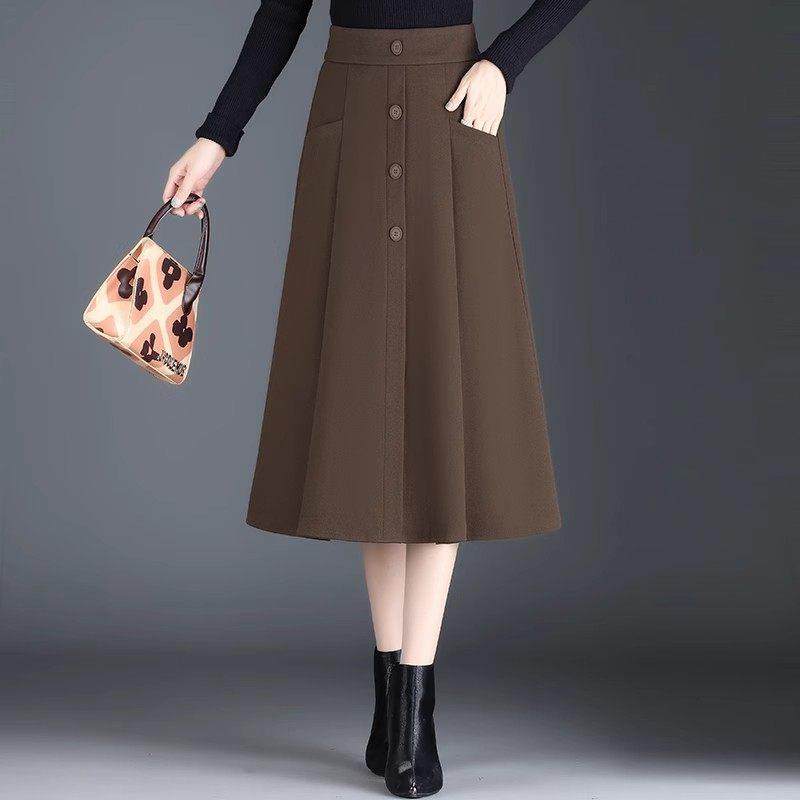 春秋高腰伞裙女新款2025中长款加厚毛呢半身裙大码中年妈妈a字裙