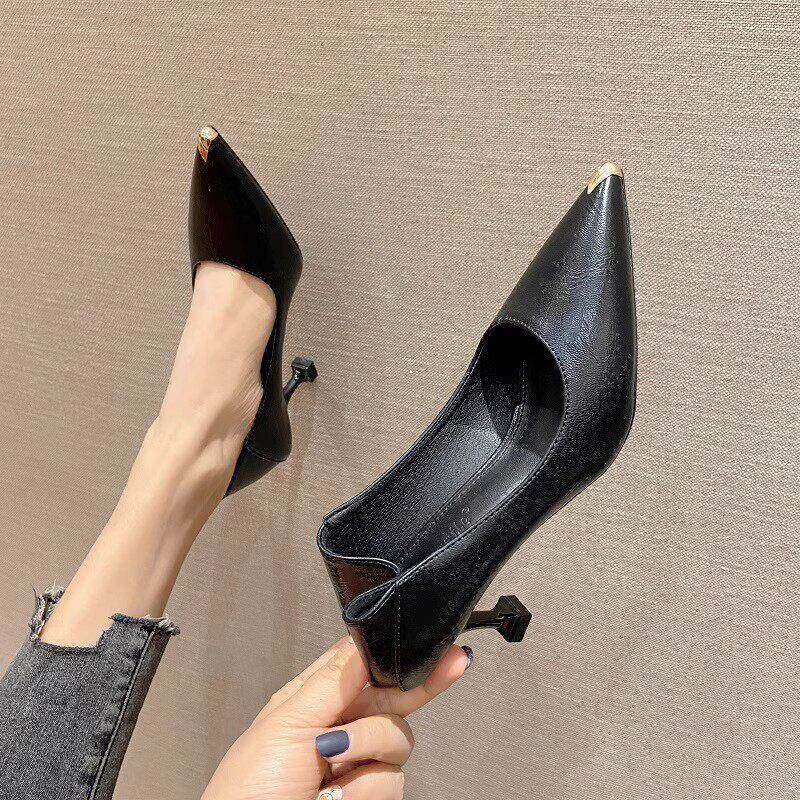 黑色不累脚高跟鞋女2025年春秋新款气质高级两穿软皮中跟工作单鞋